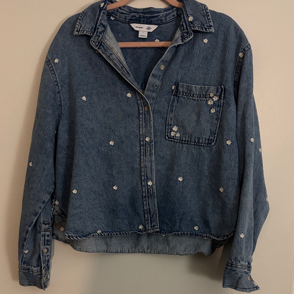 Old Navy Blue Denim Jacket with White Floral Accents